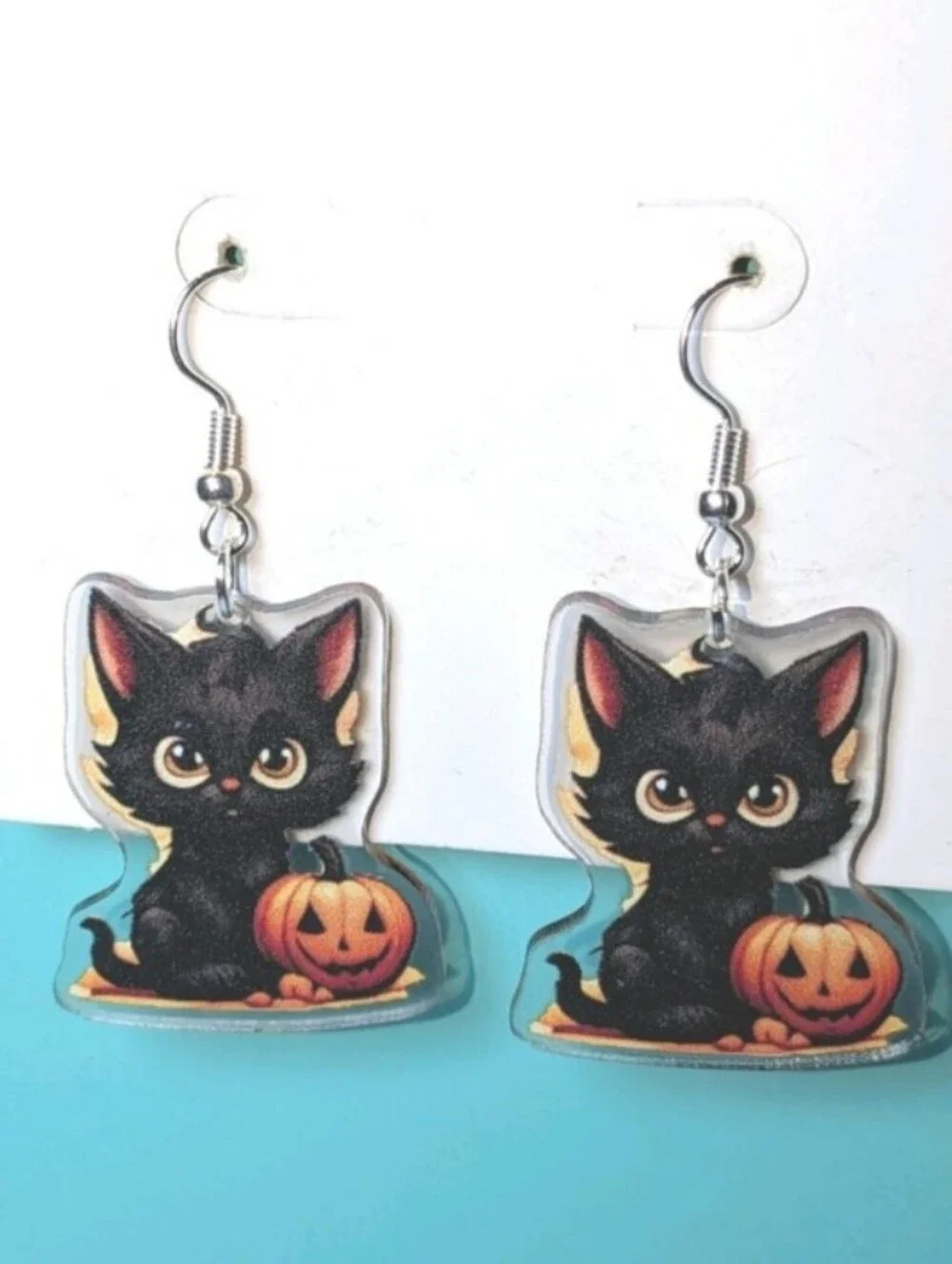 Halloween Black Cat and Pumpkin Dangle Earrings - Unbranded